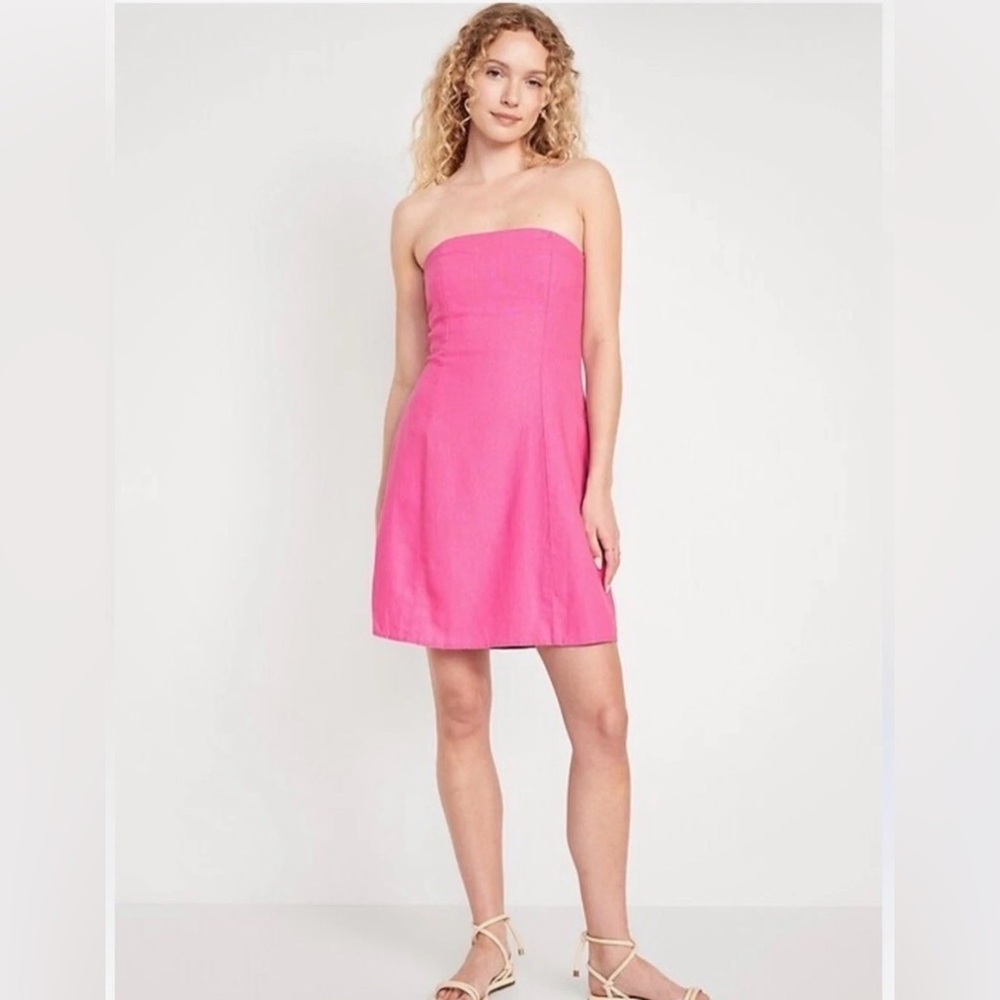 Old Navy Linen Preppy Barbie Pink Strapless Mini Dress Women’s L